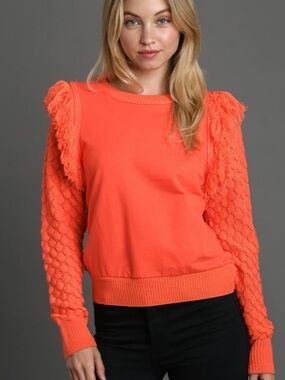 Umgee Orange Textured Sleeve Pullover with Fringe Shoulders